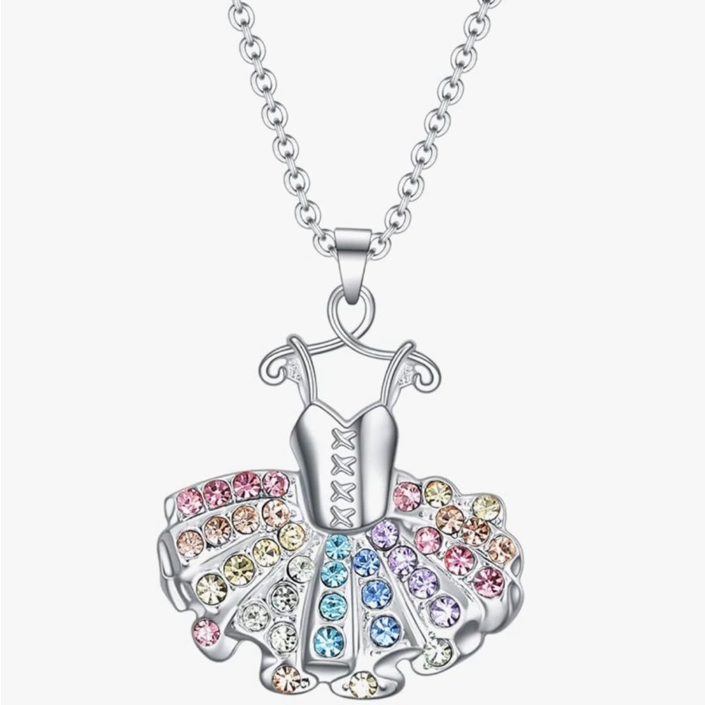NEW Silver Multicolor Crystal Ballet Dress Necklace